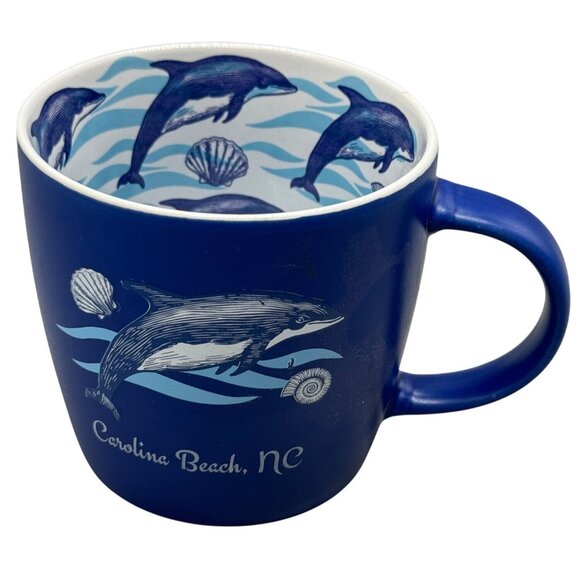 Carolina Beach NC Blue Dolphin-Themed Ceramic Mug souvenir shell 4x5.5" READ - Picture 1 of 7